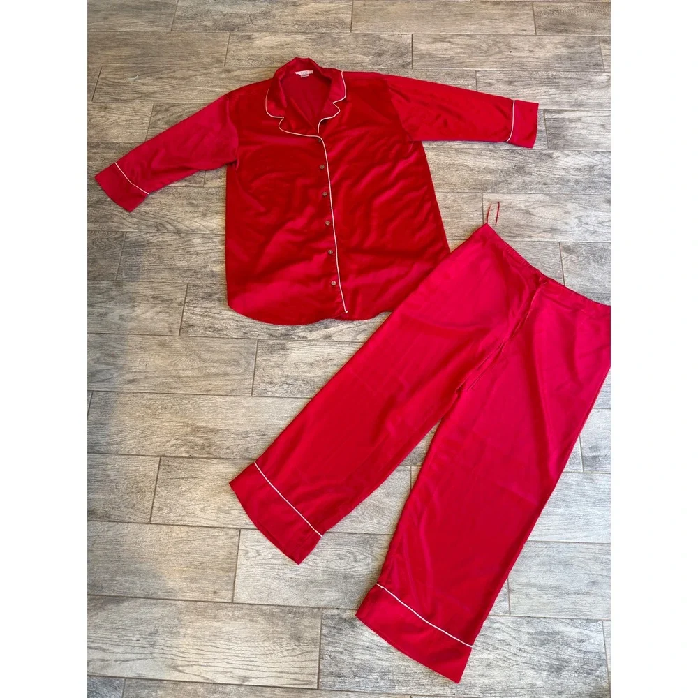 Natori Pajama Set 2‎ pc Large Red Satin Shirt Button Down Long Sleeve Pants ReAd